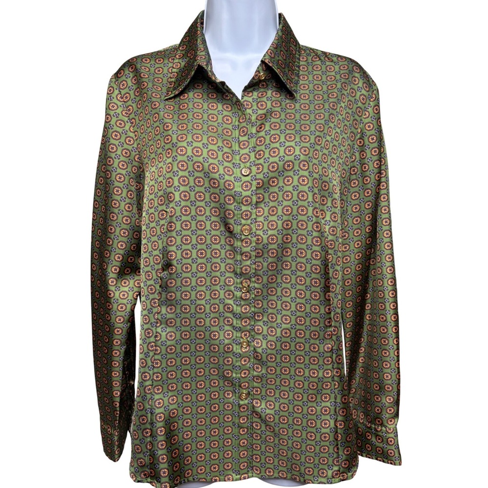 TALBOTS Womens Green Geometric Medallion Button Up Long Sleeve Blouse 12 Preppy